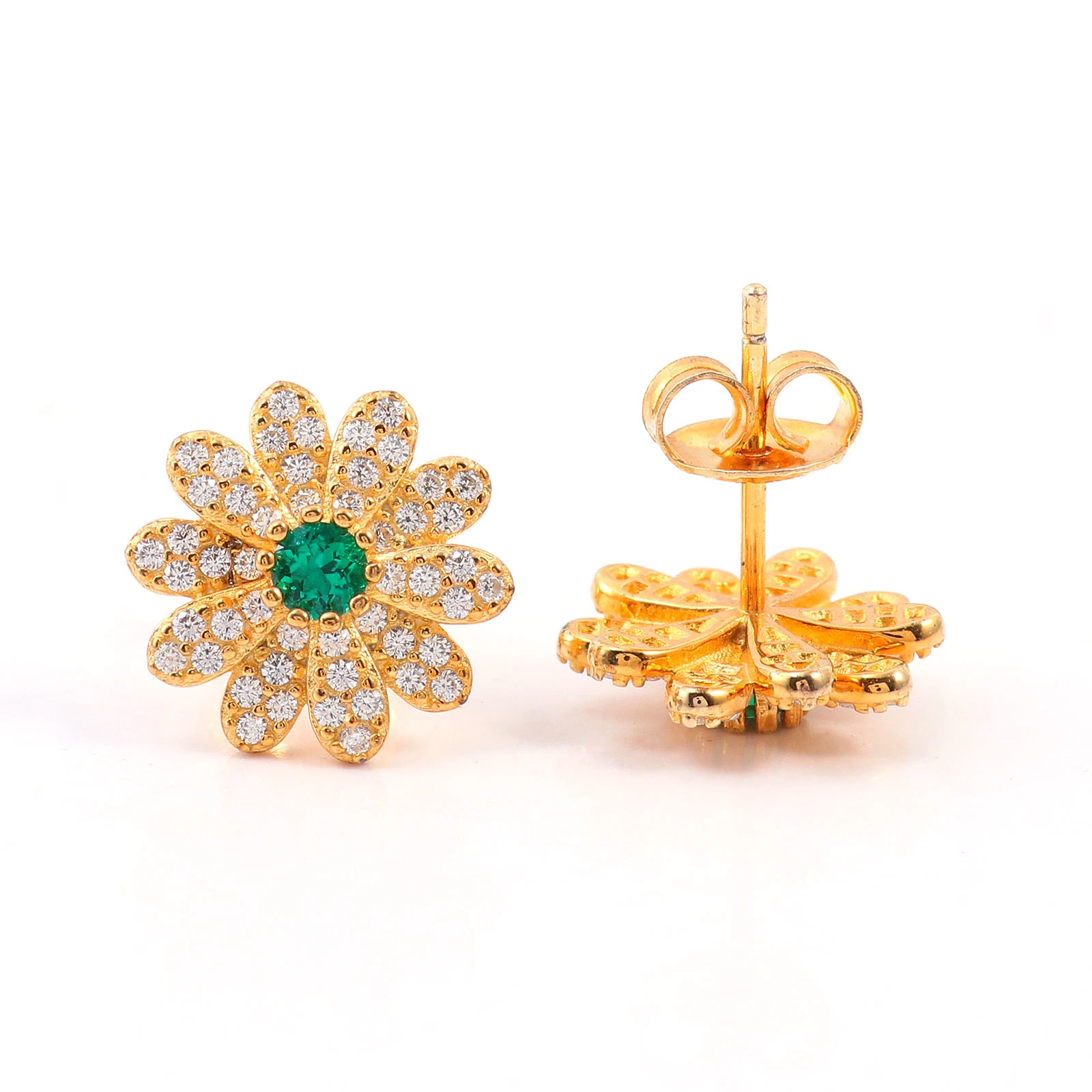 Earring Studs Sun Flower Design Green Emerald Stone with Moissanite Silver 925 Jewelry Earring with Yellow Gold Plated