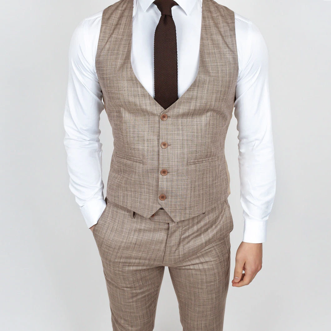 Three-Piece Suit for Men with Grey /Brown Cotton and Linen Texture