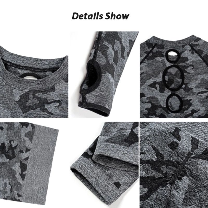 Niedlicher Cut Out Back Schwarzer Winter Trainingsanzug nahtlose Athletic Kleidungsstücke für Frauen, Camo-Muster-Strickoberteil mit langen Ärmeln + dehnbare Leggings Trainingsbekleidung