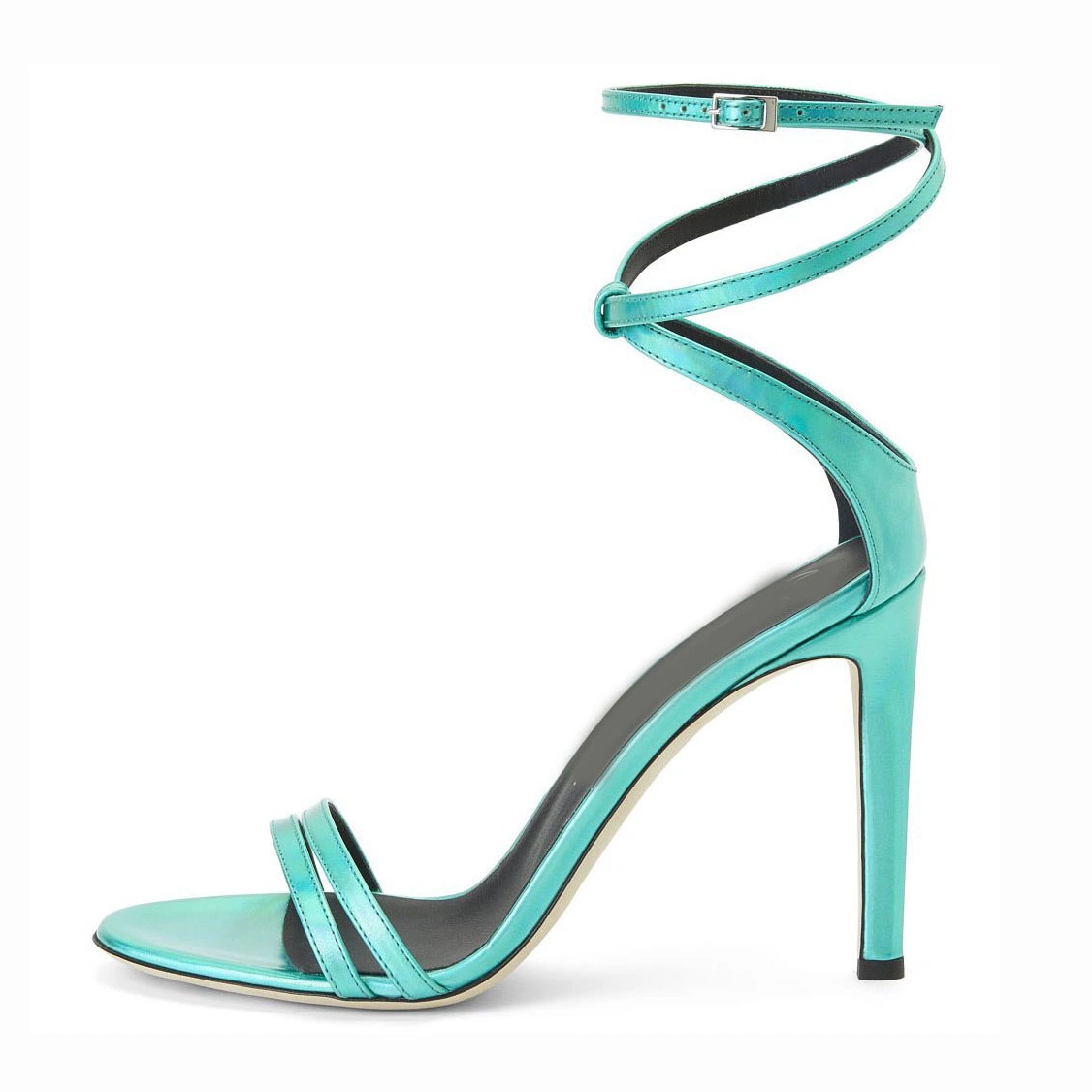 Turquoise Leather Buckle Strap Women High Heel Sandals