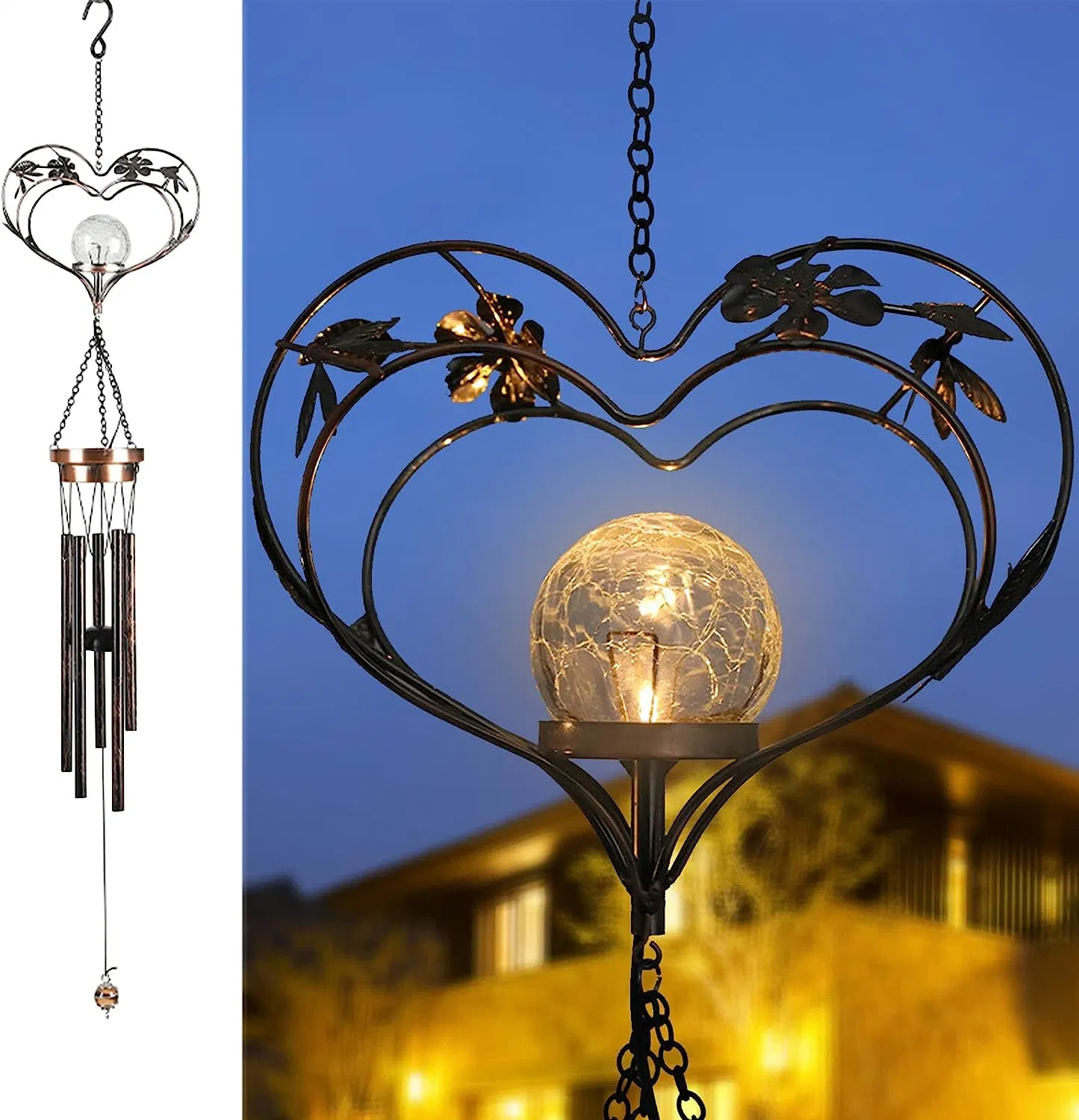 Solar Powered Glowing Crackle Glass LED Hanging Outdoor Lights Retro Windchimes