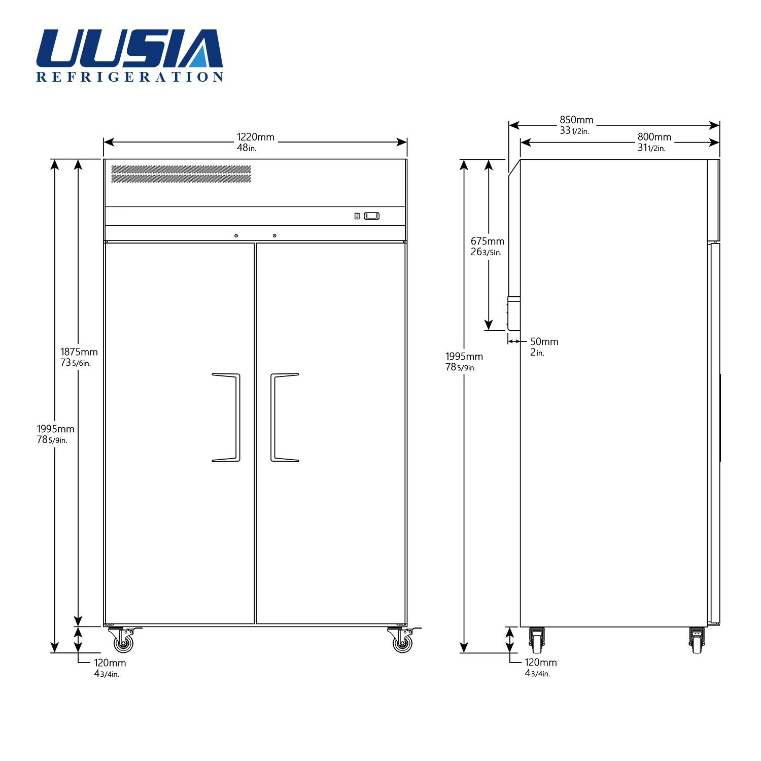 1130L Commercial Stainless Steel Upright Chiller 2 Door Freezer Reach in Refrigerator for Kitchen Refrigeration Equipment