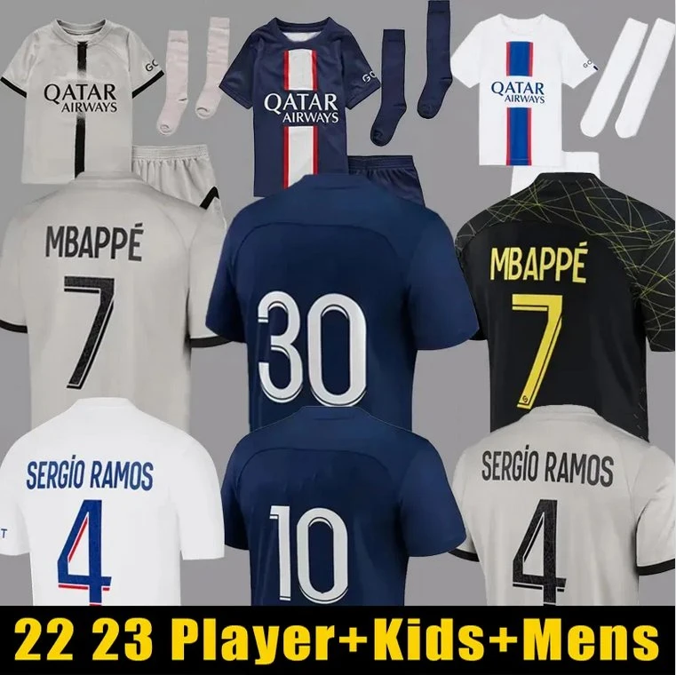 Maillots de football Mbappe Sergio Ramos Hakimi France Football Shirt Maillots 22 23 ventilateurs parisien Player #30 Hommes Enfants Kits