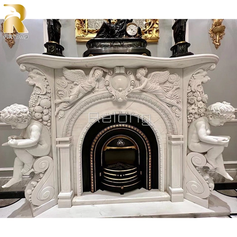 Home Decoration Natural Luxury Freestanding Stone Marble Fireplace with Baby Statue Home Indoor Decor