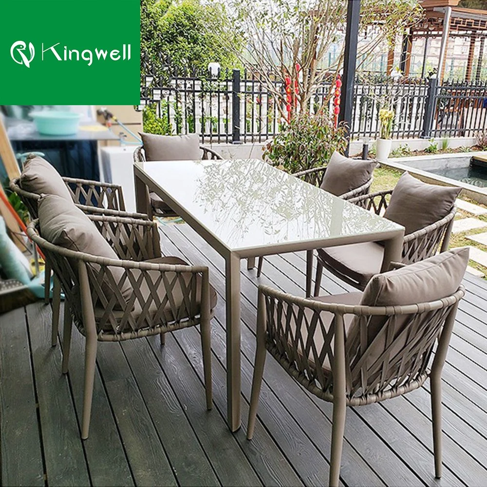 French Teak Wood Dining Table with 4 Champagne Rope Chairs