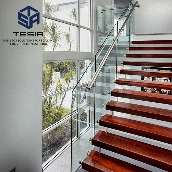 preço de fábrica Personalizar escada interior de vidro do LED do Trilho de aço residencial de madeira escadas retas