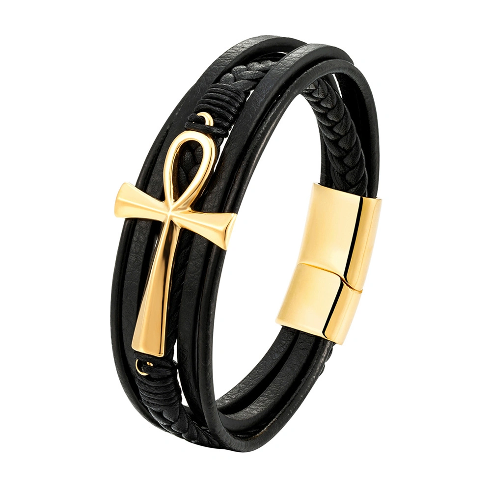 Gewebtes Leder Armband Kreuz Gold Edelstahl-Armband