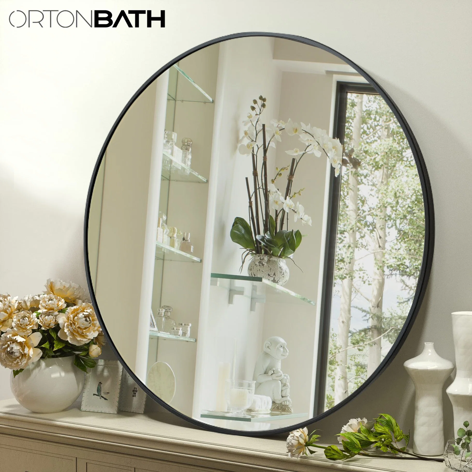 حمام Ortonحمام مرآة معلقة على الحائط 20 بوصة للحمام مع مرآة دائرية دائرية ذات عطر معدني دائرية من الزينة المدورة لحوض