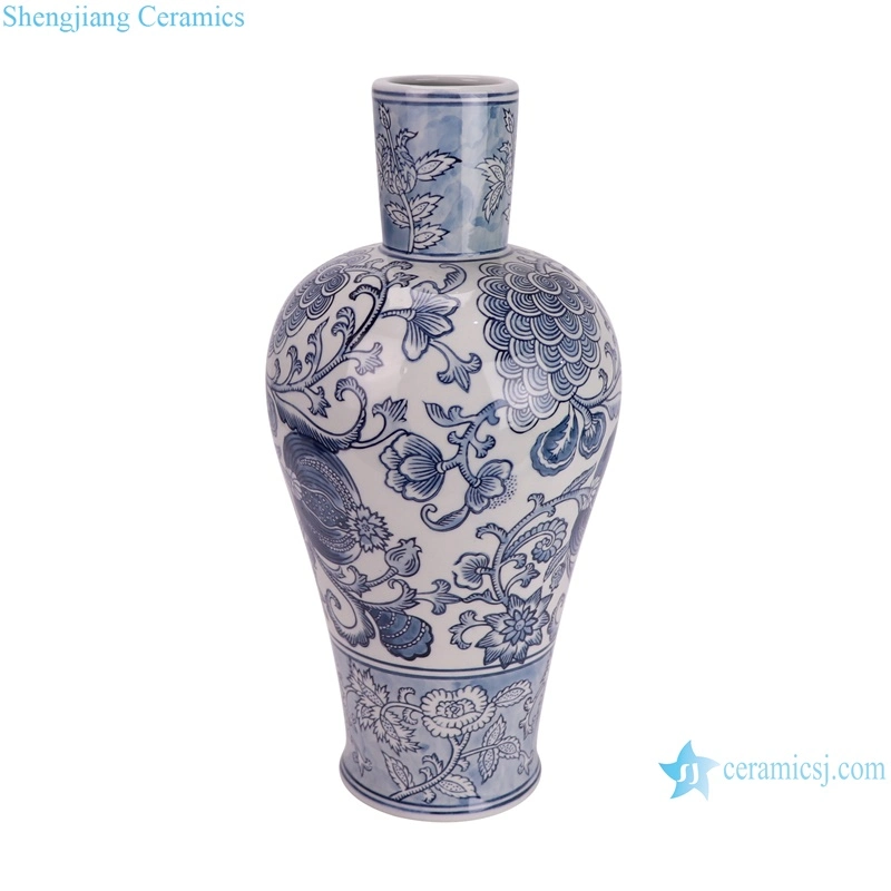 Modern Style Red Long Neck Leaf Pattern Chinese Blue and White Ceramic Flower in Vase