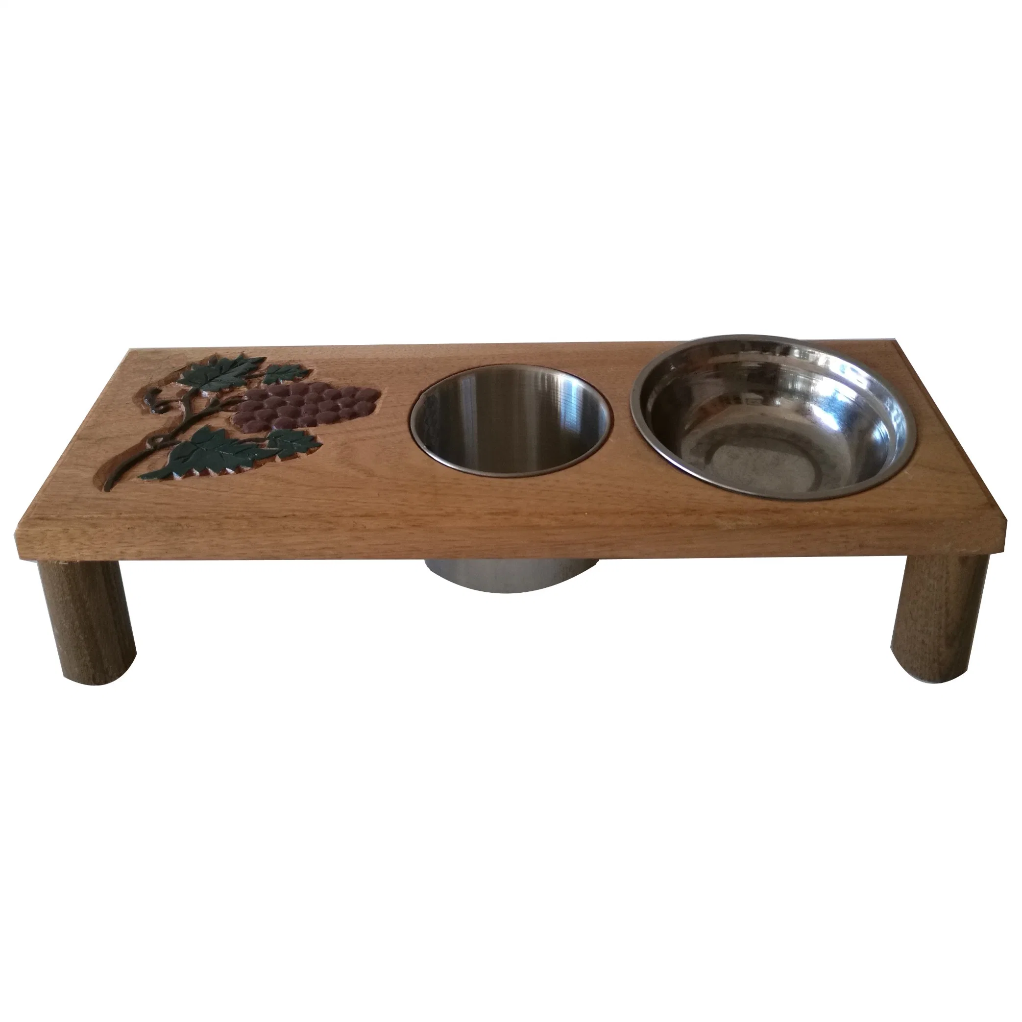 Cat Feeder Made by Handy Carving Wood Board and Stainless Steel Bowl