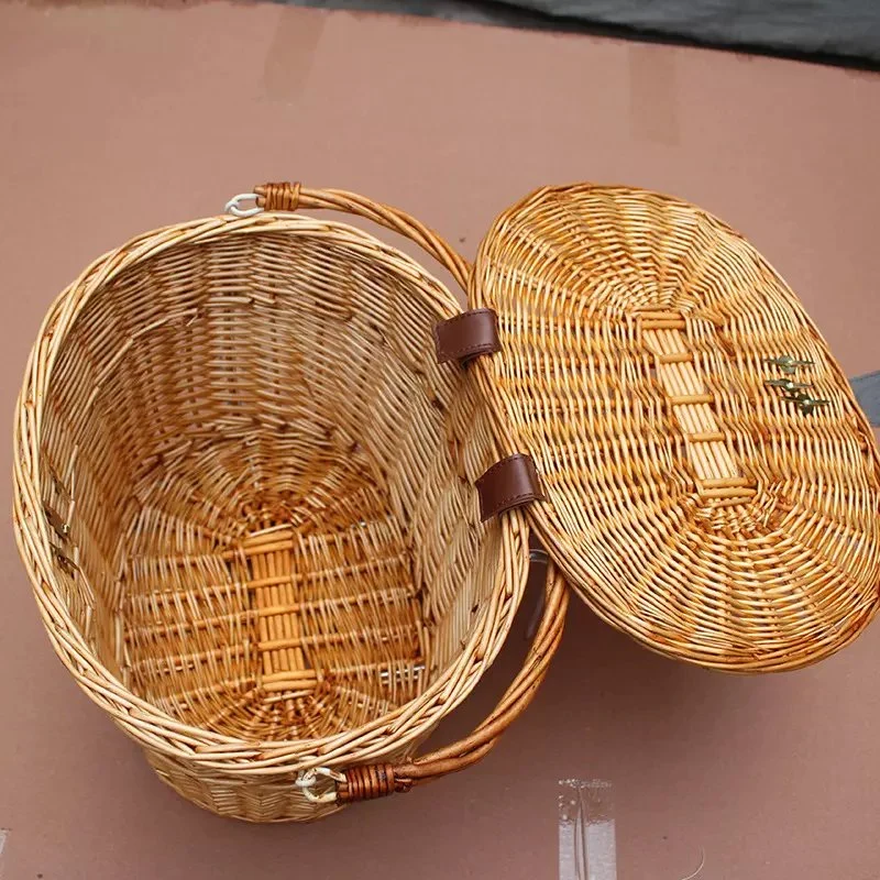 Handmade Front Wicker Basket for Bicycle Willow Bike Basket with Handle and Cover