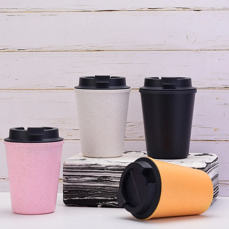 350 ml, parede dupla personalizável reutilizável, sem BPA, palha de trigo para viagem Caneca de copo de café em plástico