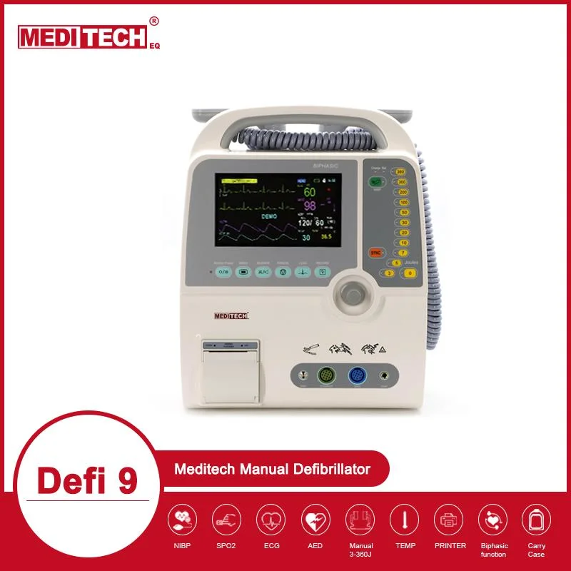 Defi 9 Is a Compact, Light Weighted Defibrillator Which Integrated Monitoring, Multi-Parameters Patient Monitor ECG. SpO2. NIBP. Hospital Used Defibrillator