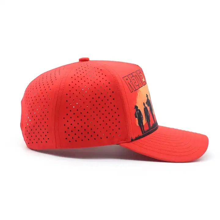 Casquette de baseball perforée à 5 panneaux, personnalisée, devant en polyester rouge Sublimation impression Design Gorras laser Cut Hole Sports Fishing Golf Chapeau