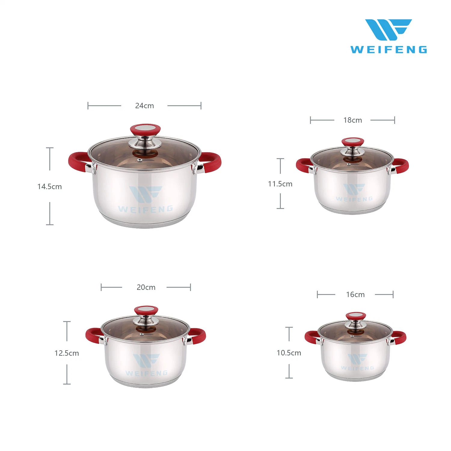 Red Silicone Riveted Handle, Stainless Steel Cookware with Brown Class Lid