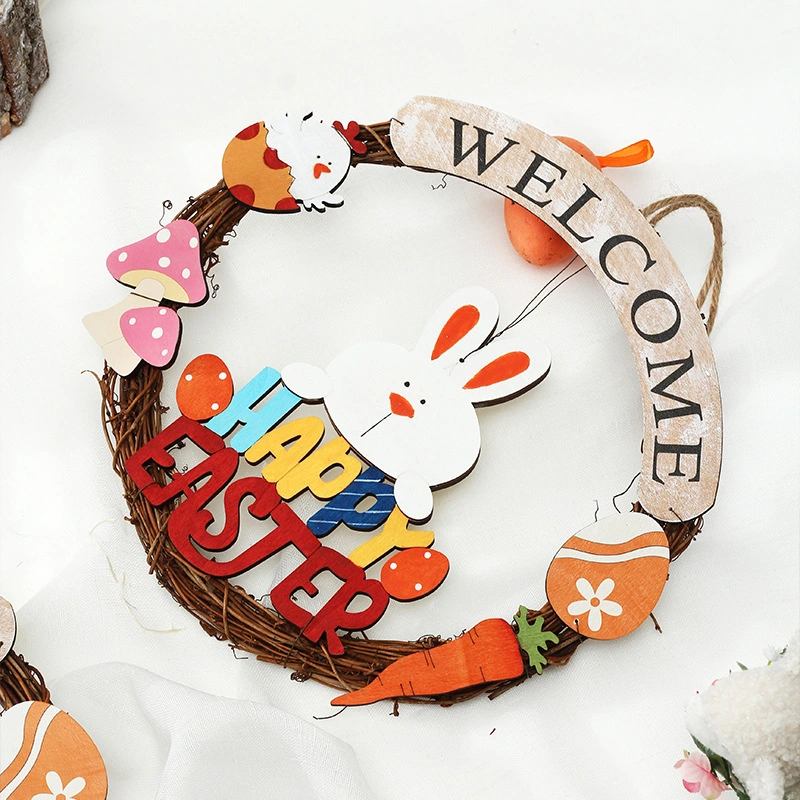 Wooden Happy Easter Door Sign Wreath Decoration with Bunny Carrot