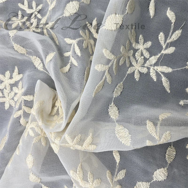 Polyester Chiffon White Leaf Flower Embroidery Fabric for Garment Fabric Dclothes