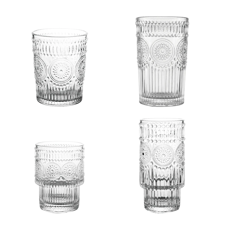 Factory Direct Retro Embossed Cup Crystal Clear Transparent Whiskey Coffee Water Glass Cup Mug Tumbler for Bar