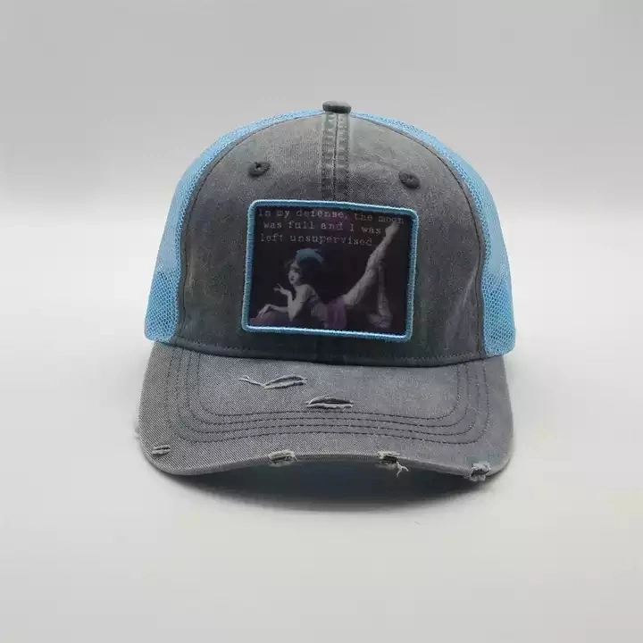 Custom Sports Distress Denim Caps Hook and Loop Closure Printed Patches 6 Panel Trucker Hats