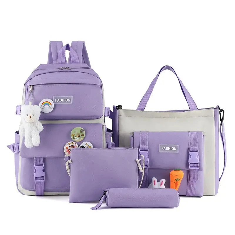 Canvas High Quality Beautiful Solid Backpack Bag for Girls 4PCS Bag Set