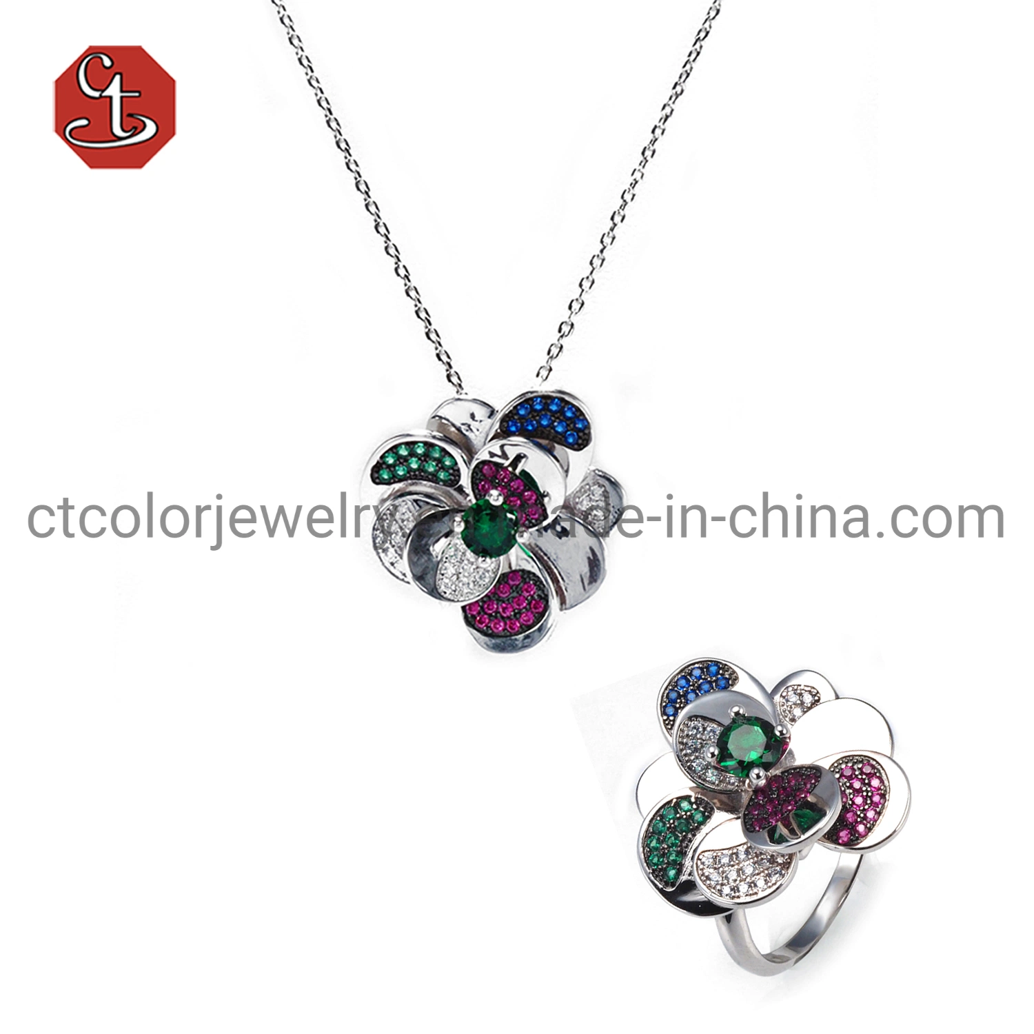 Blumen Anhänger Silber Schmuck Sets Grün / Saphir / Rubin CZ Halskette