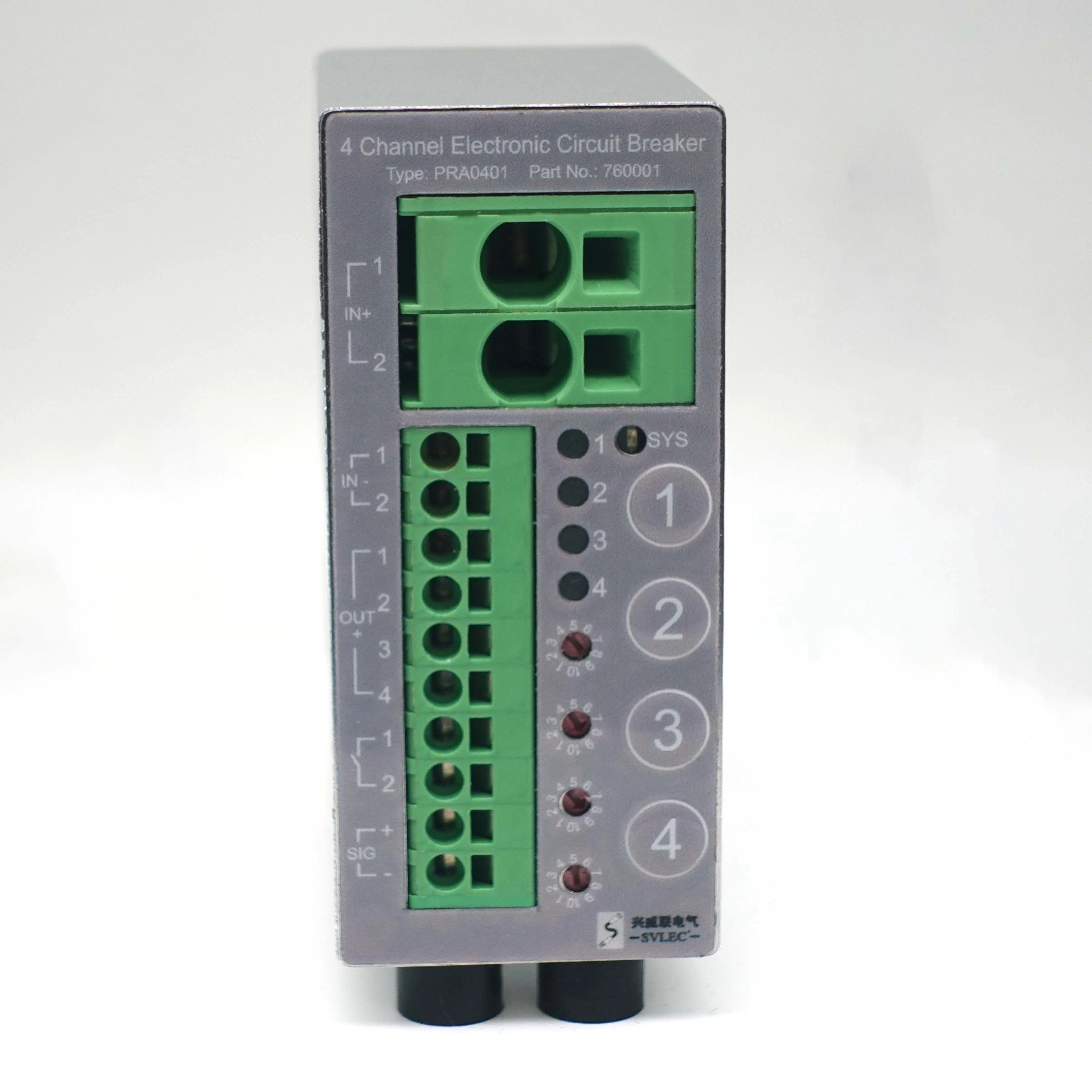 Svlec Multi-Channel Electronic Circuit Breaker for Protecting Four Loads at 24 V DC in The Event of Overload and Short Circuit.