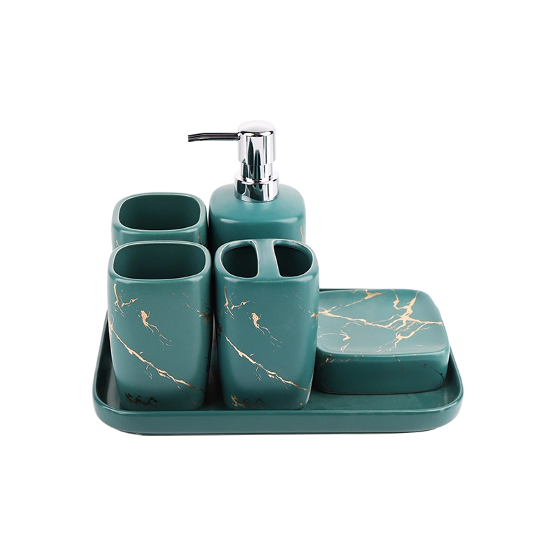 Bathroom Set Bathroom Accessories Set Marbling Design Ceramic Bathroom Set Ceramic Cup Dispenser Soap Plate Tray Toothbrush Holder Lotion Bottle 5PCS Set