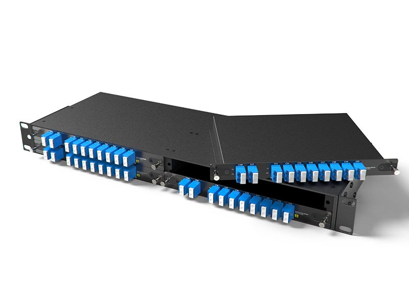 ثنائي الألياف 8CH C53-C60 DWDM MUX Demux، منفذ Exp، LC/UPC، صندوق Lgx، و4 فتحات حامل 1U