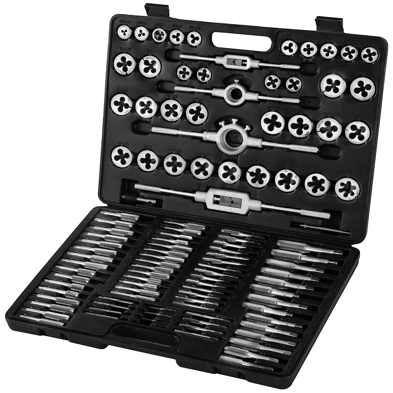 110PCS Tap and Die Set Metric and Imperial Thread Tap Die Wrench Kit Hand Tapping Tools Screw Tap Drill Set