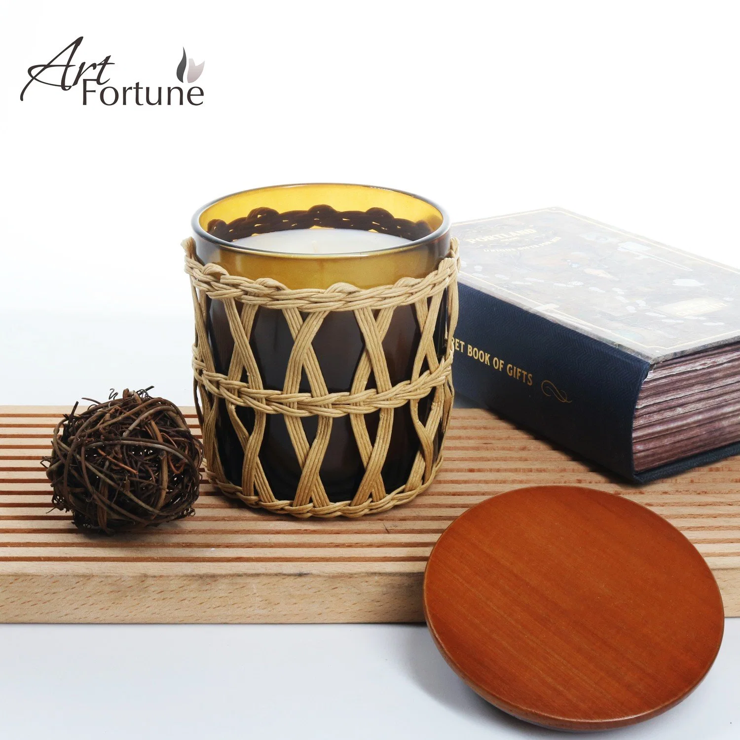 Chinese Factory Popular Selling Hand Woven Scented Glass Candle with Lid