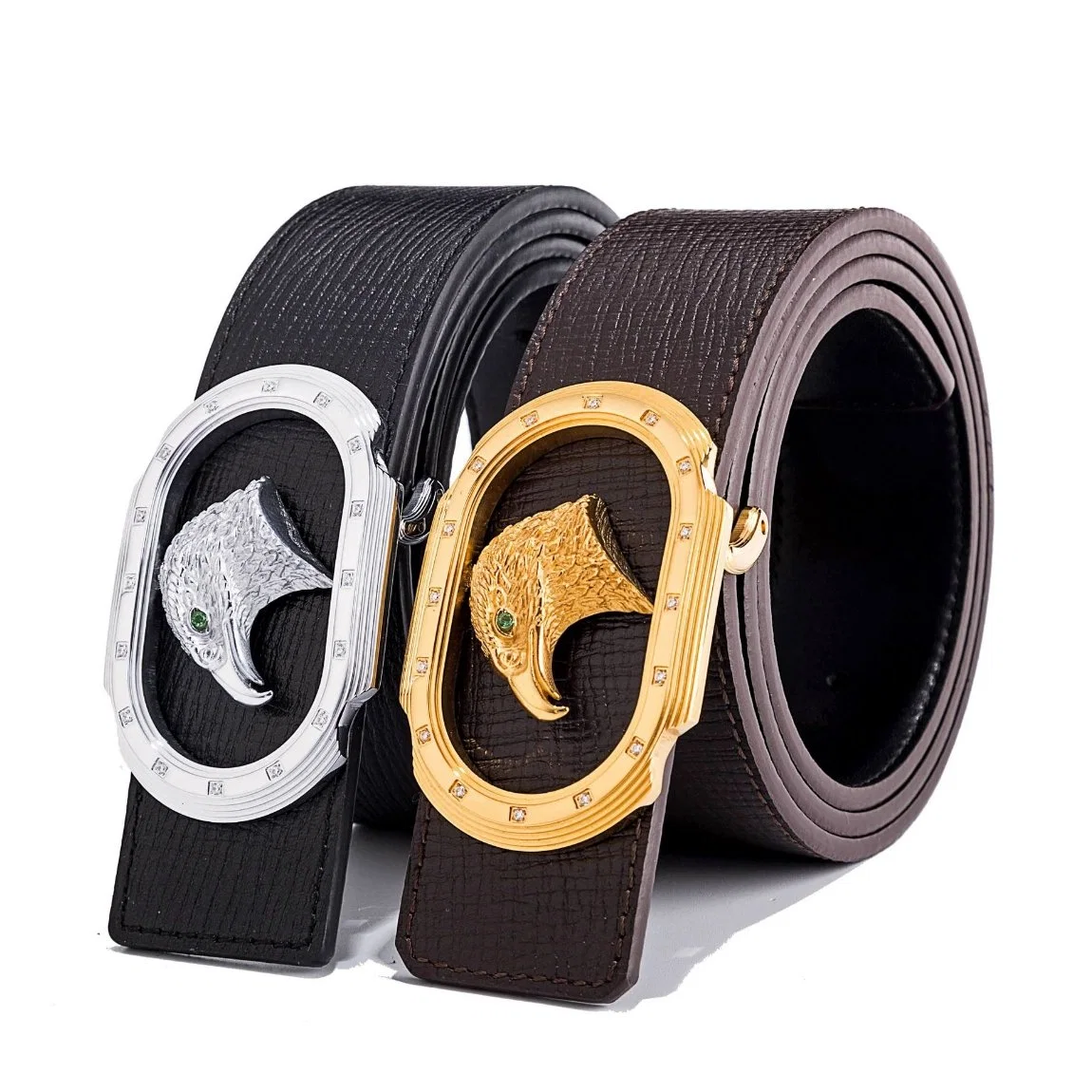 Wholesale Fashion Decoration Men Black/Brown Leather Belt with Diamond-Encrusted Stainless Steel Buckle
