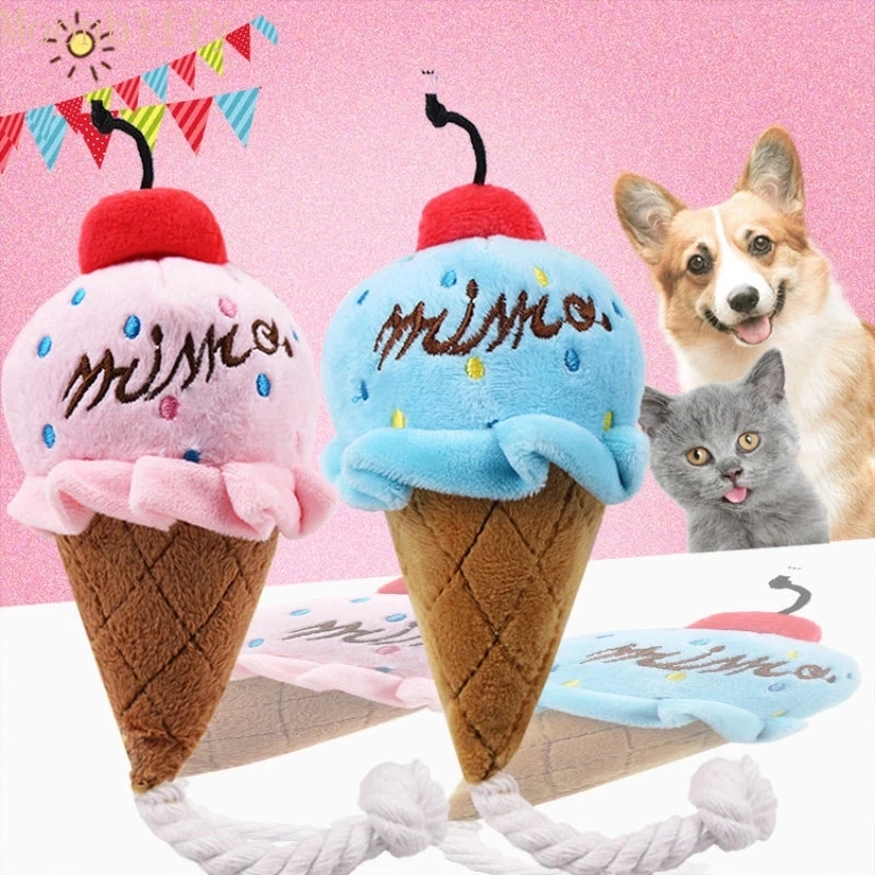 Adorable cachorro de perro de juguete de peluche Squeak juguete para perros pequeños juguetes Gato como mascota Chew Ice Cream jugar juguetes Rosa/Azul mascota producto