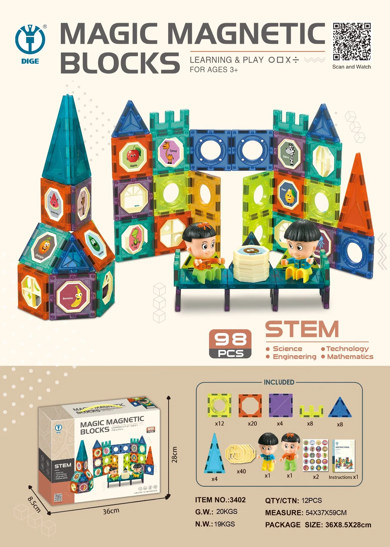 Kids 3D Magic Plastic Educational Magnetic Tiles Paste 155 Piece Magnet Building Blocks Toys Set