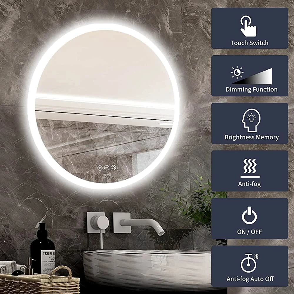 LED Bathroom Vanity Mirror for Wall - 28&rdquor; X 28&rdquor; Round Stylish Smart Memory LED Bathroom Mirror, Anti-Fog Touch Switch Smart Makeup Vanity Mirror