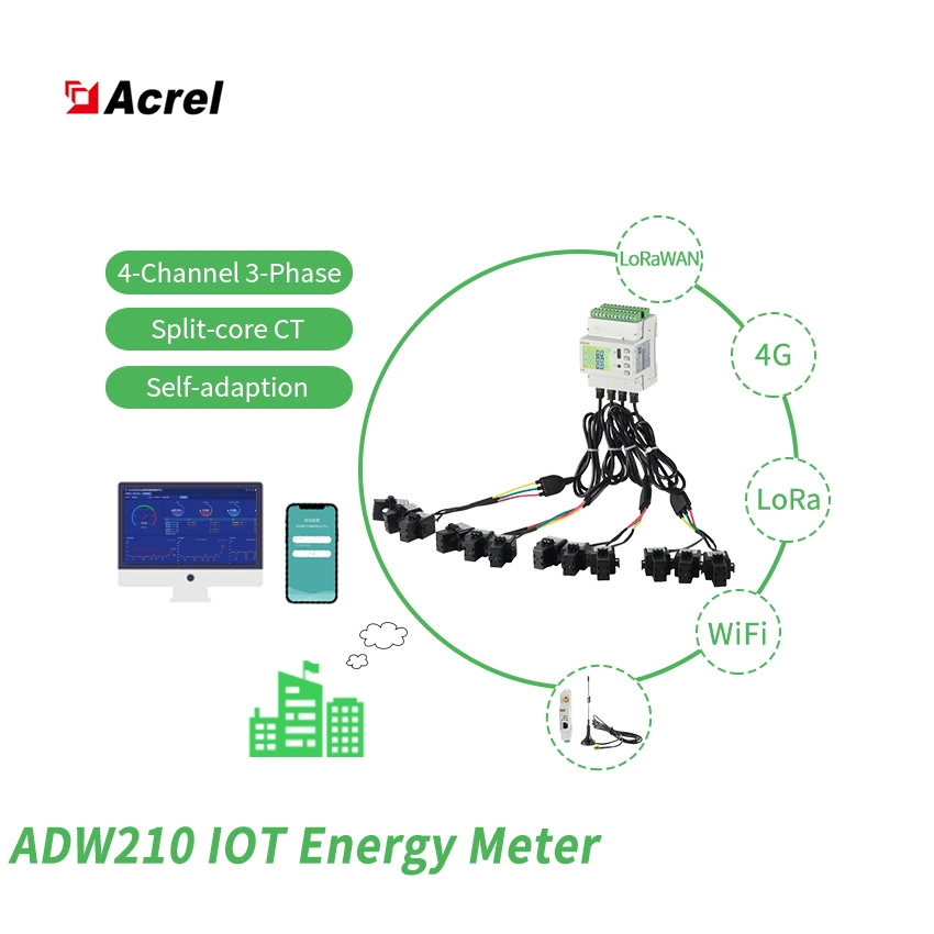 Adw210-4s cuatro canales de la fase tres contadores eléctricos Iot inalámbrica con conectores RJ12 Transformador de corriente de núcleo dividido y la 12di/4 ¿La temperatura, el módulo de corriente de fuga.