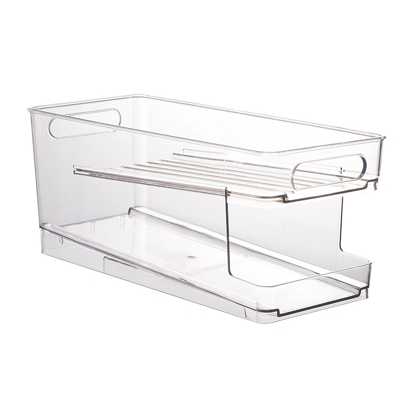 Storage Box, Refrigerator Storage Box, Transparent Double Layer Rolling Drink Holder Can Refrigerator Storage Rack Wbb15961