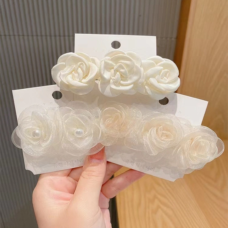 Super Gentle Spring Mesh Fabric White Flower Handmade Rose Hair Clip