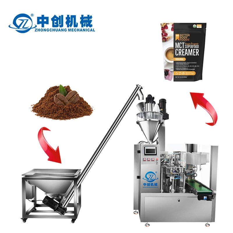 Custom Automatic Rotary Doypack Premade Stand up Zipper Flat Bottom Gusset Bag Coffee Into Satchel Powder Packing Machine