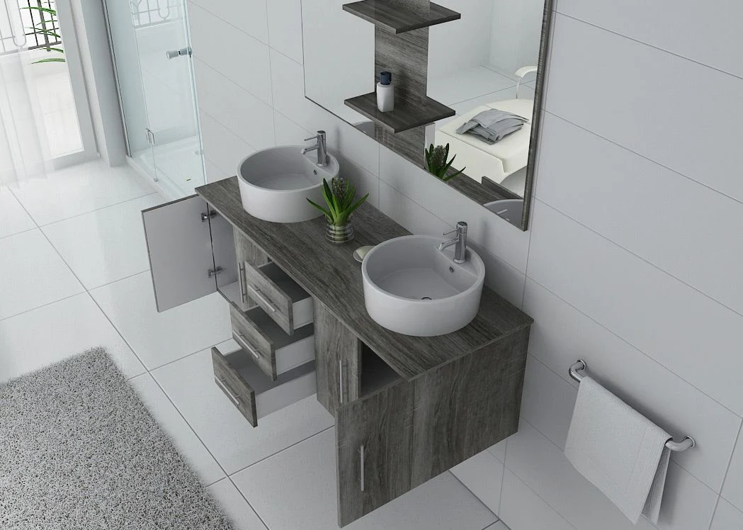 Gray Oak Wall Hung Bathroom Vanity Bathroom Furniture Set with Two Washbasin