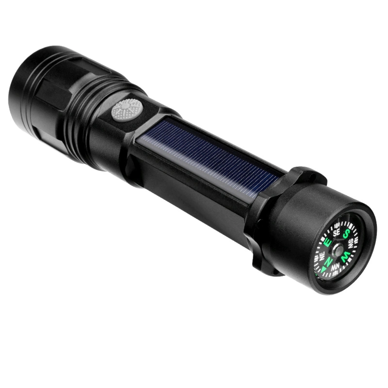 High quality/High cost performance T6 LED Flashlight Torch Light with Top Compass Adjustable Solar Powered Torch Lamp Hot Zooming Aluminum Flashlight