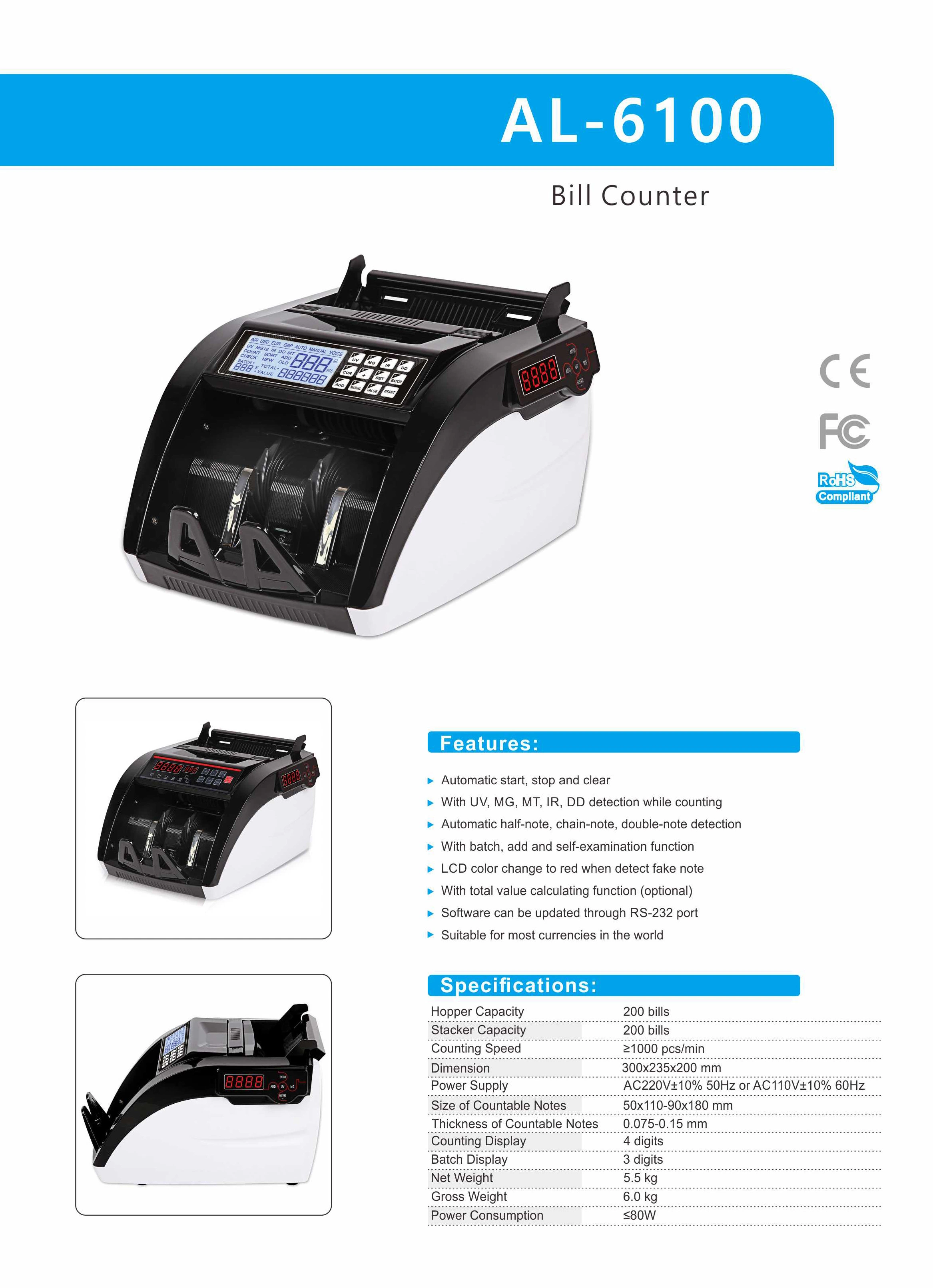 Al-6100 USD / Euro Cash Bill Money Currency Counter mit UV-mg-Detektionsgerät