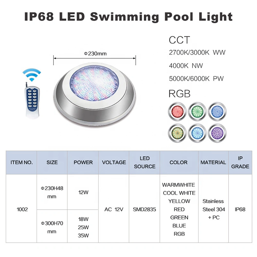 Swimming Pool Light 12W Wall-Mounted 12V AC IP68 Waterproof LED Underwater Pool Light RGB LED Swimming Pool Lighting Stainless Steel