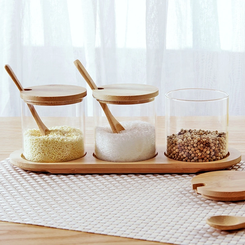 Factory Glass Spice Jars Sets with Lids Spoons and Wooden Tray Holder