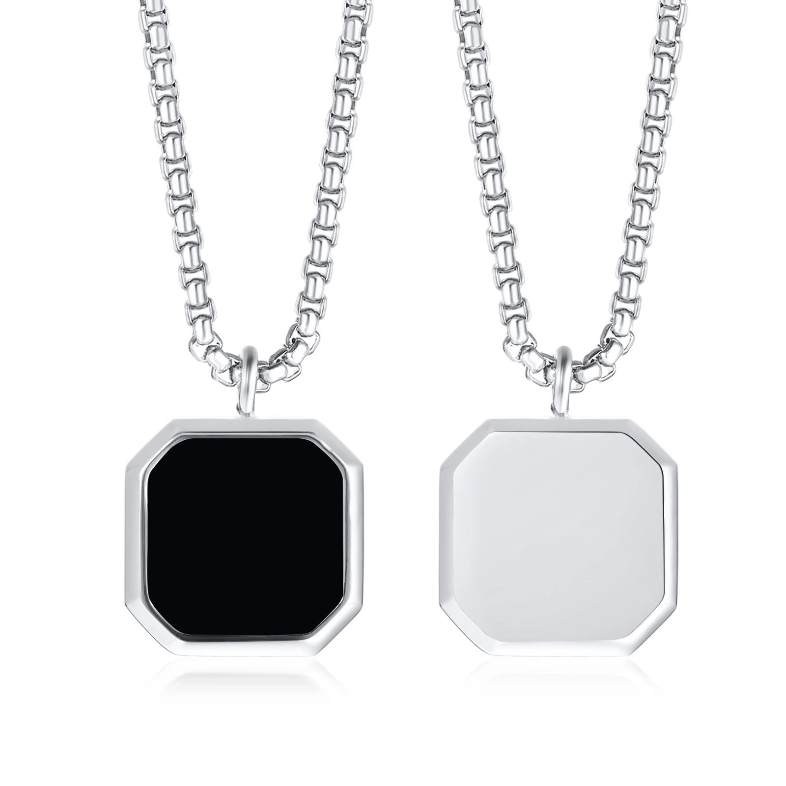 Stainless Steel Drop Glue Black Square Pendant Men's Hoodie Fold Wear Necklace Long Sweater Chain Accessories