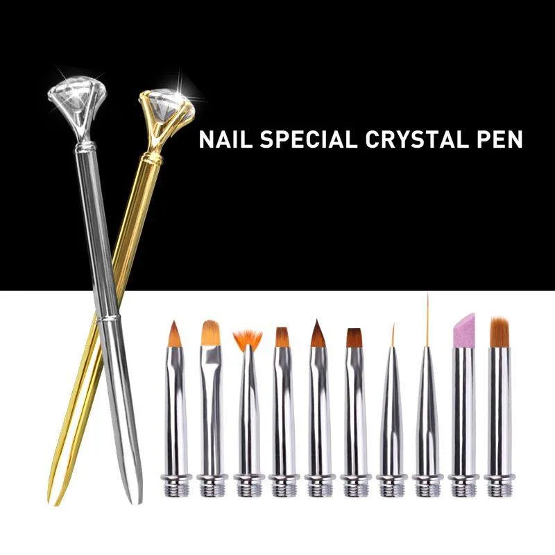 Gold and Silver Rose Crystal Nail Brush Set Replacement Head 1 Handle + 10 Nail Brush Head Painting Nail Brush Set