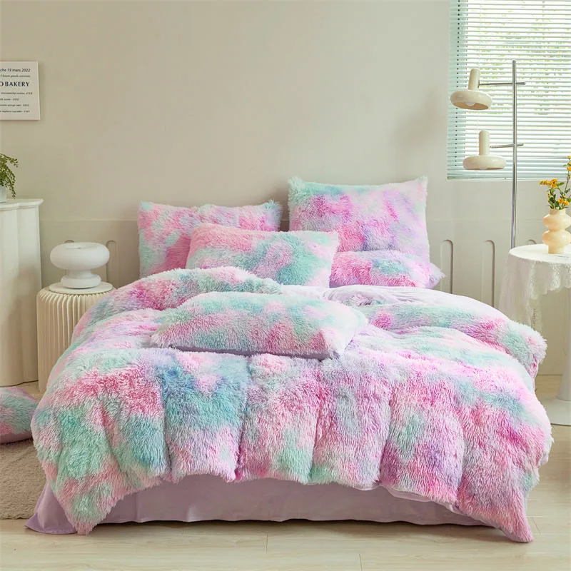 Home Textile Winter Pink Women Duvet Cover Bedsheet High Quality Multicolor Mink Blanket Fleece Tie-Dye Pillow Cover Quilt Comforter Bed Linen Bedding Set