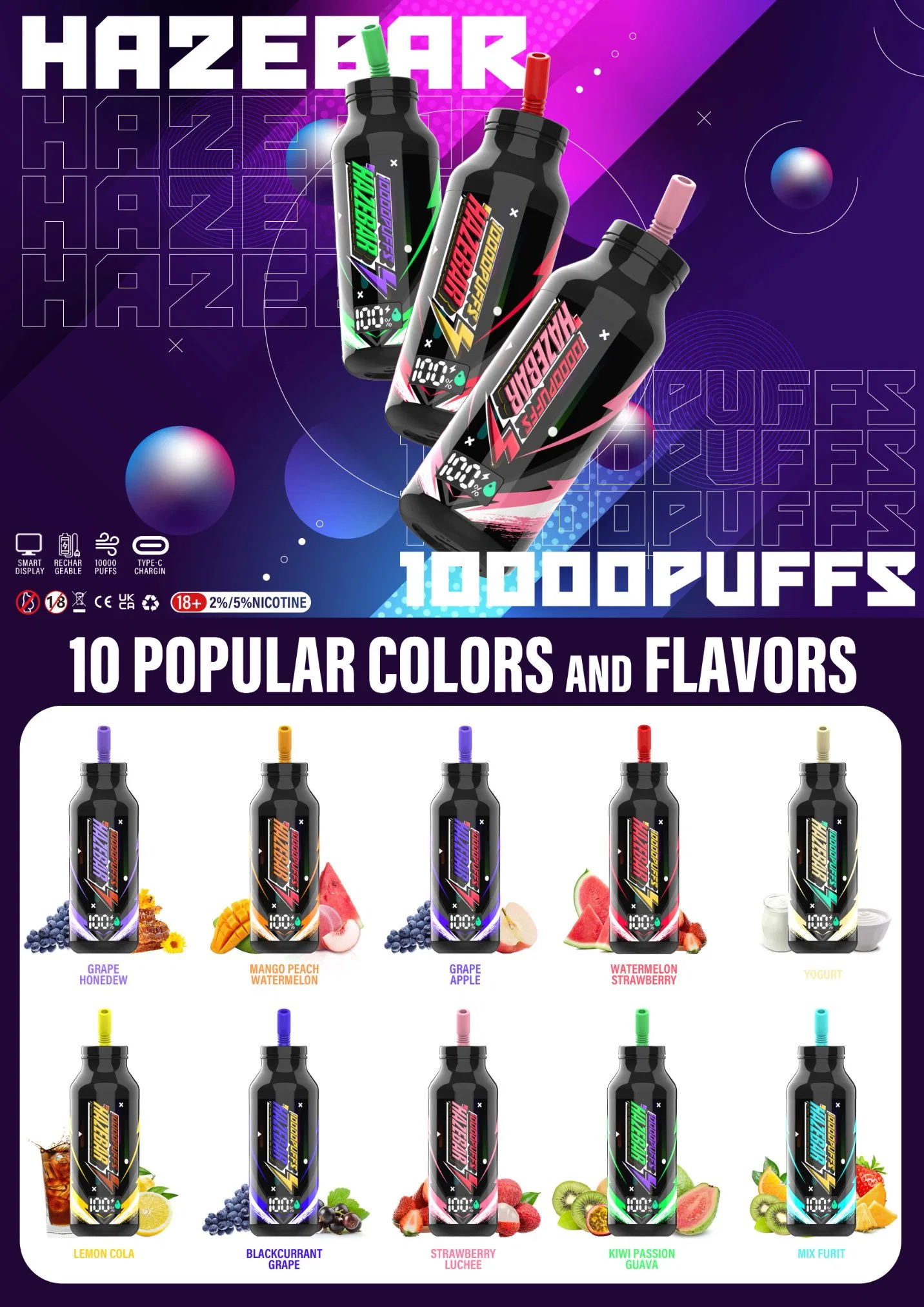 Hazebar 10000 Inhalaciones Zbood Imprime tu Marca Hello de Una Vez 21000/20000/1000/2000/3000 Savage Kulx Cigarrillo Electrónico Desechable Vape