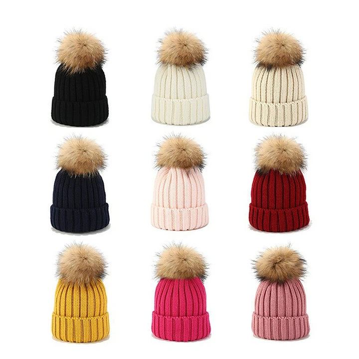 Parent Children Real Fur Pompom Knitted Hat New Candy Colors Winter's Hat Women Knitted Hat Warm Soft Trendy Hat Fashion Beanie Lady's Chic All-Match Hat