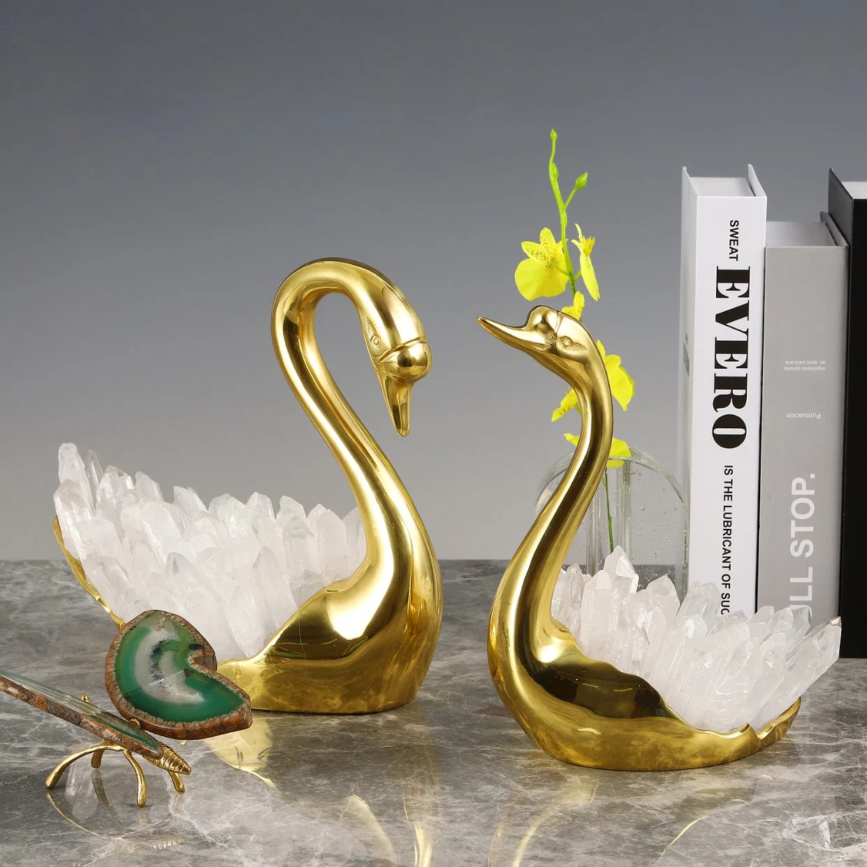 Modern Ornament Home Carved Brass Decore Crafts Retro Swan Living Room Decoration Set