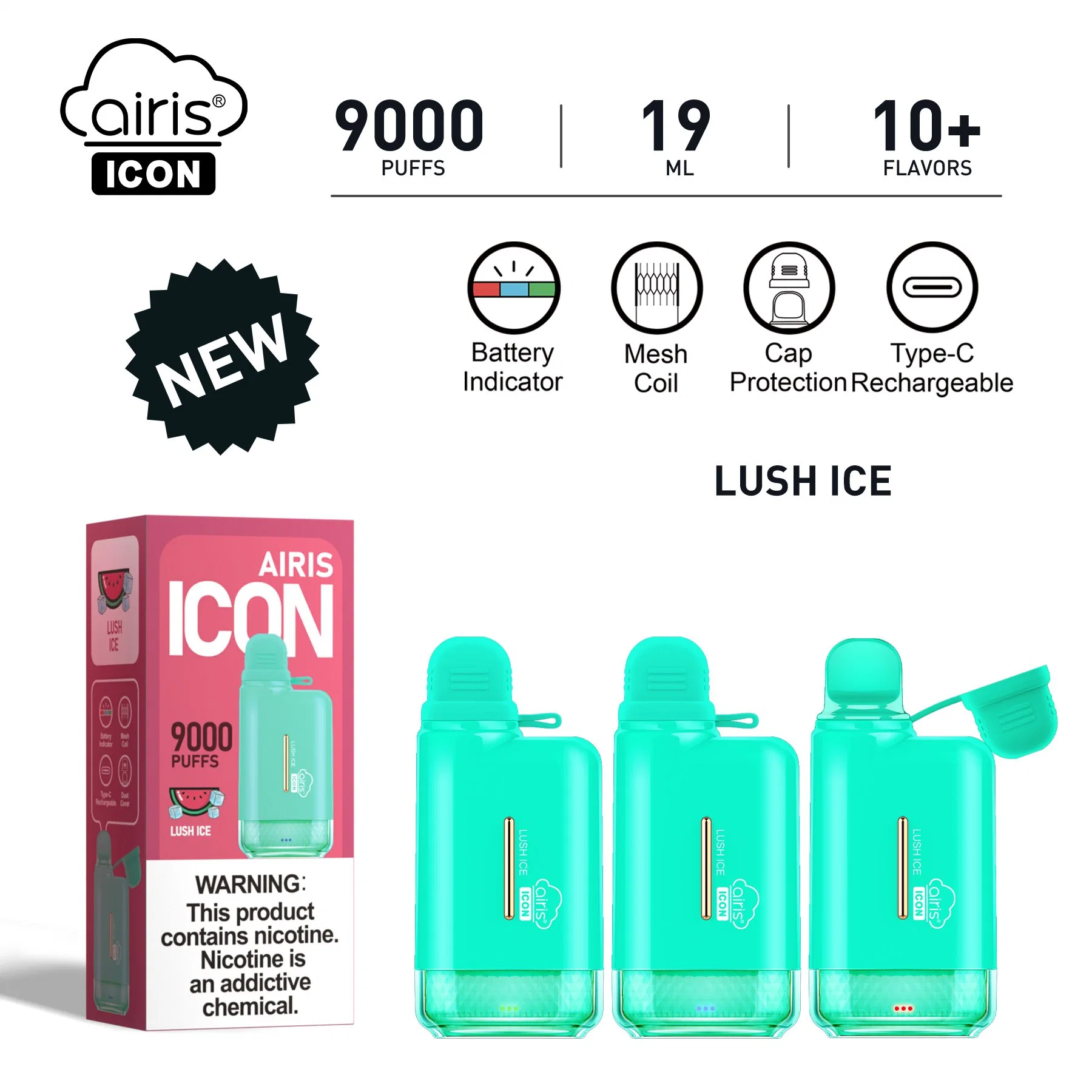 Airis Icon 9000 Puffs Disposable/Chargeable Vape Pod Wholesale/Supplier Factory E-Cig Aim Fire OEM/ODM Colorful Glowing Vape Pen with Mesh Coil Customized Flavor